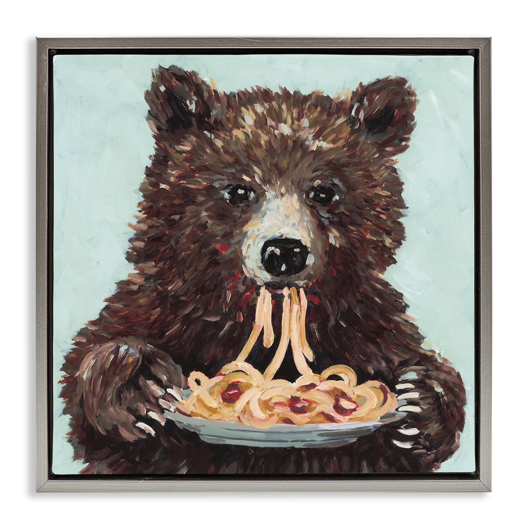 Whimsical Bear & Spaghetti Gray Framed Floater Canvas Wall Art, design by Studio Bautista