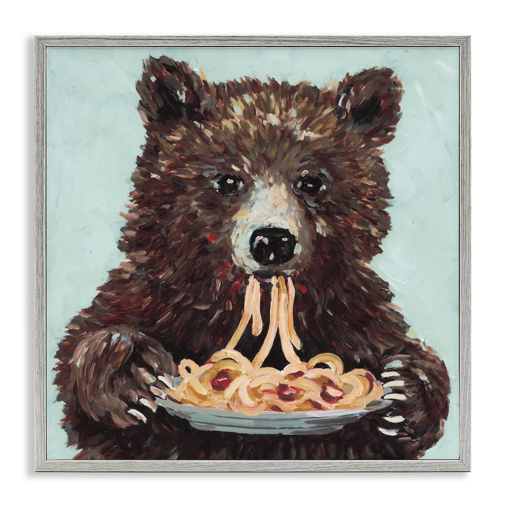 Whimsical Bear & Spaghetti Gray Framed Giclee Art, design by Studio Bautista