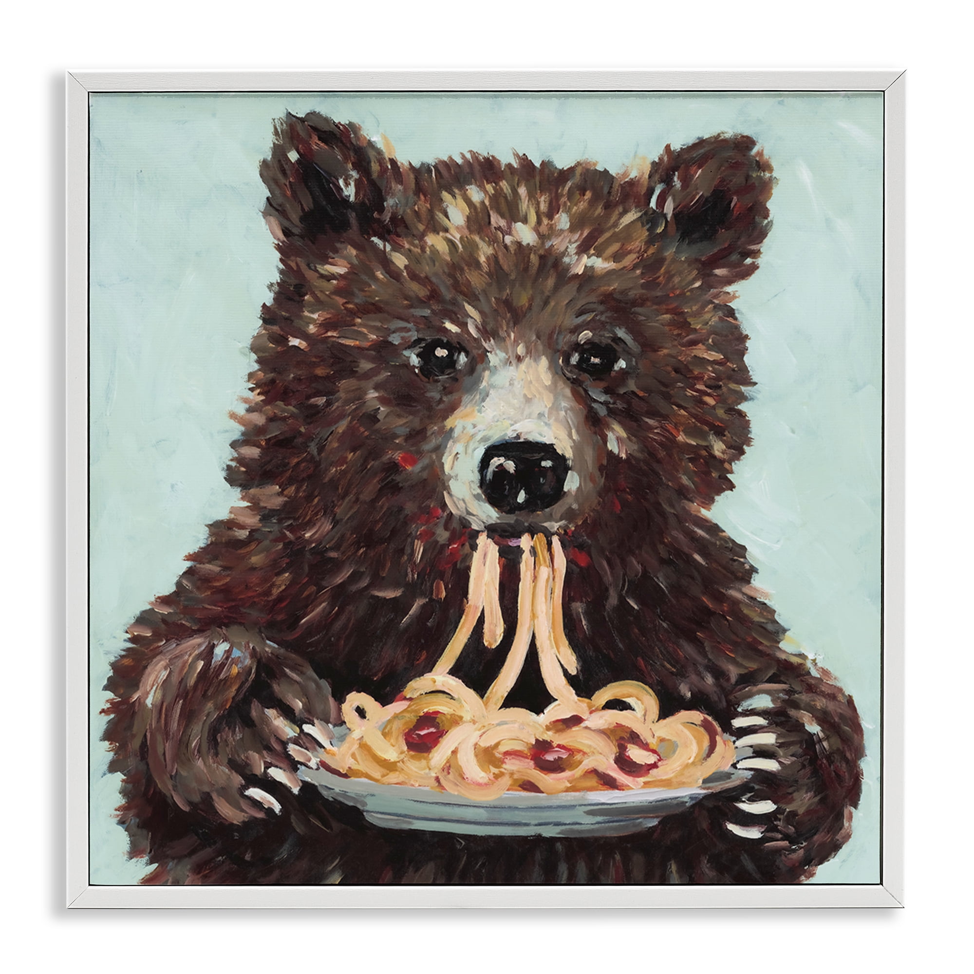 Whimsical Bear & Spaghetti White Framed Giclee Art, design by Studio Bautista