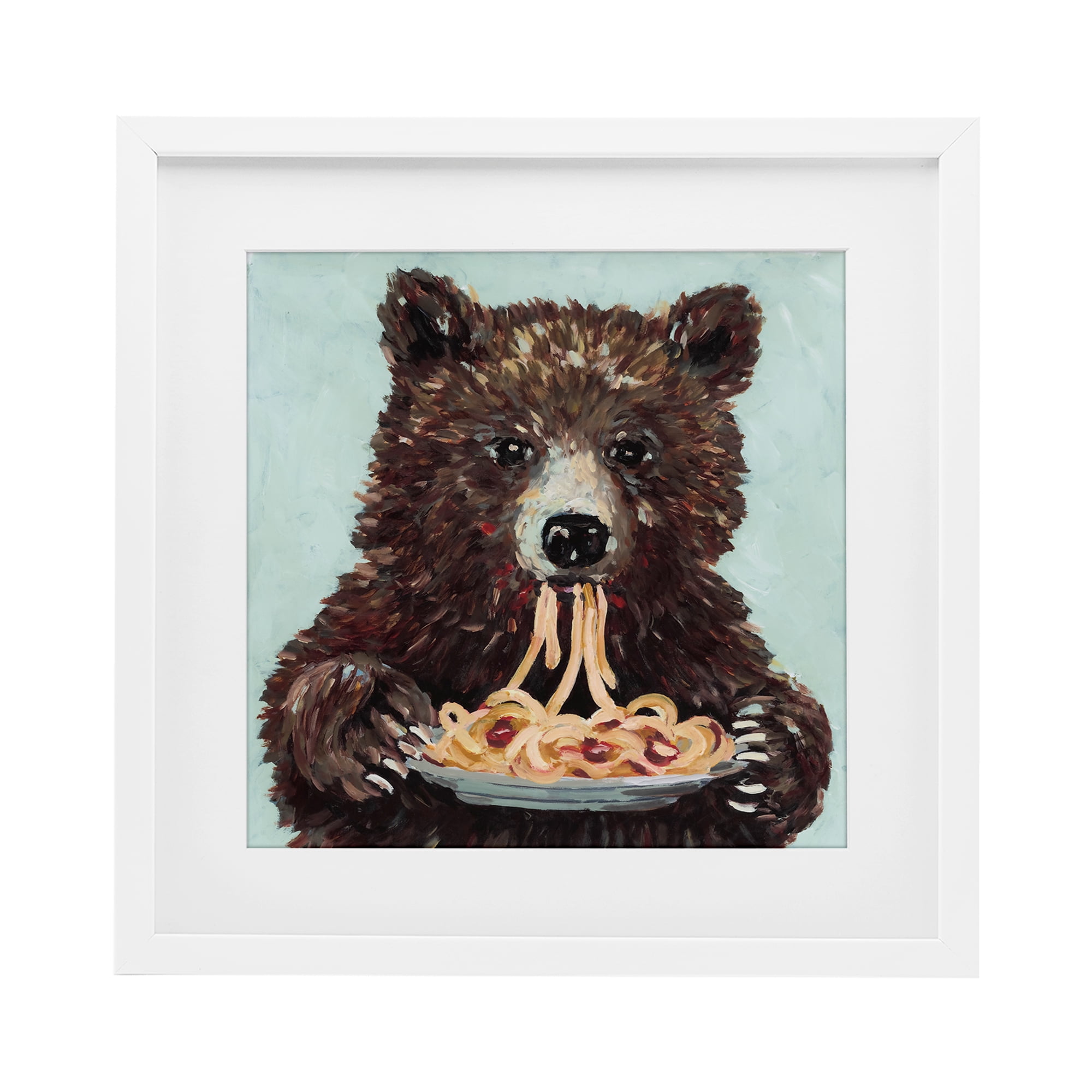 Whimsical Bear & Spaghetti White Framed Print Under Glass, design by Studio Bautista