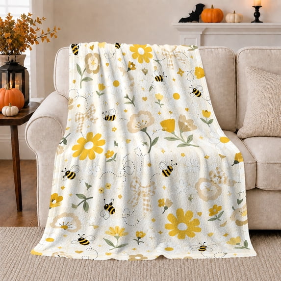 Whimsical Bee Daisy Floral Pattern, Cozy Friendship Quote Scene, Warm Flannel Blanket for Living Room and Reading Nook, Art Lovers Friendship Gift, Artistic Home Decor