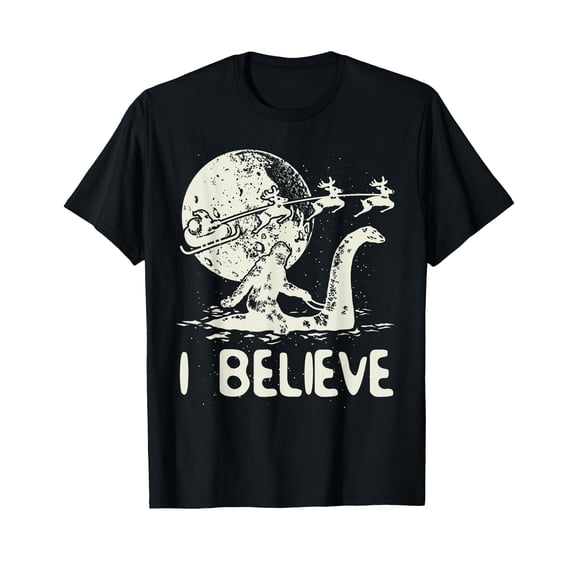 Whimsical Bigfoot Sasquatch Riding Loch Ness Monster T-Shirt for Fun Holiday Celebrations