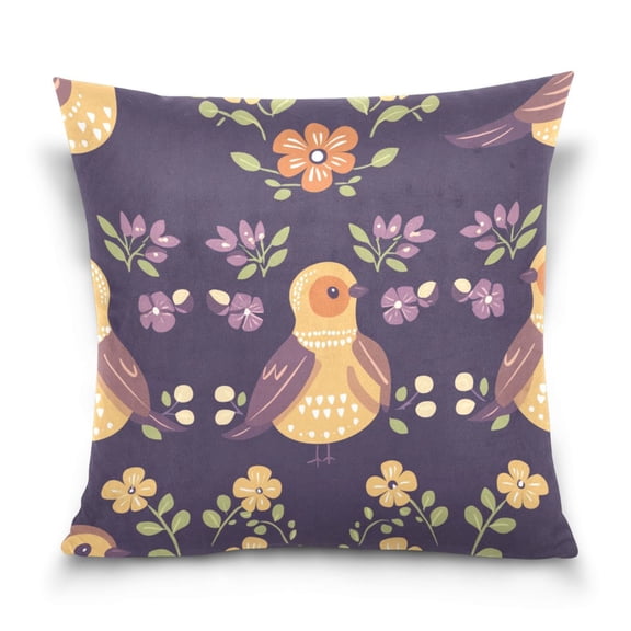 Whimsical Bird Pattern 20x20 Inch Plush Velvet Pillowcase Double Sided Print, Hidden Zipper