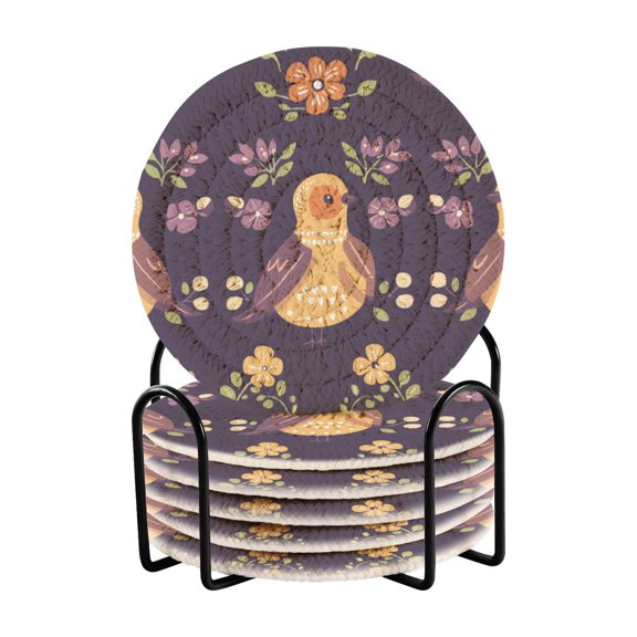Whimsical Bird Pattern 4in Bar Coasters Set of 6 with Storage Rack Durable Heat Resistant