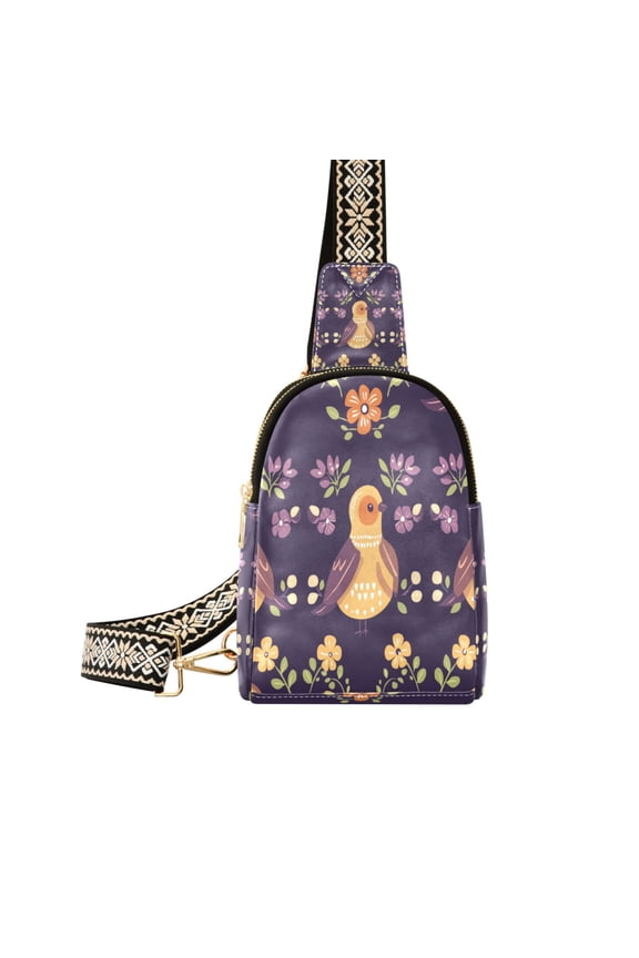 Whimsical Bird Pattern Women's PU Leather Crossbody Bag, Dual Zipper Pockets, Adjustable Strap, Water Resistant