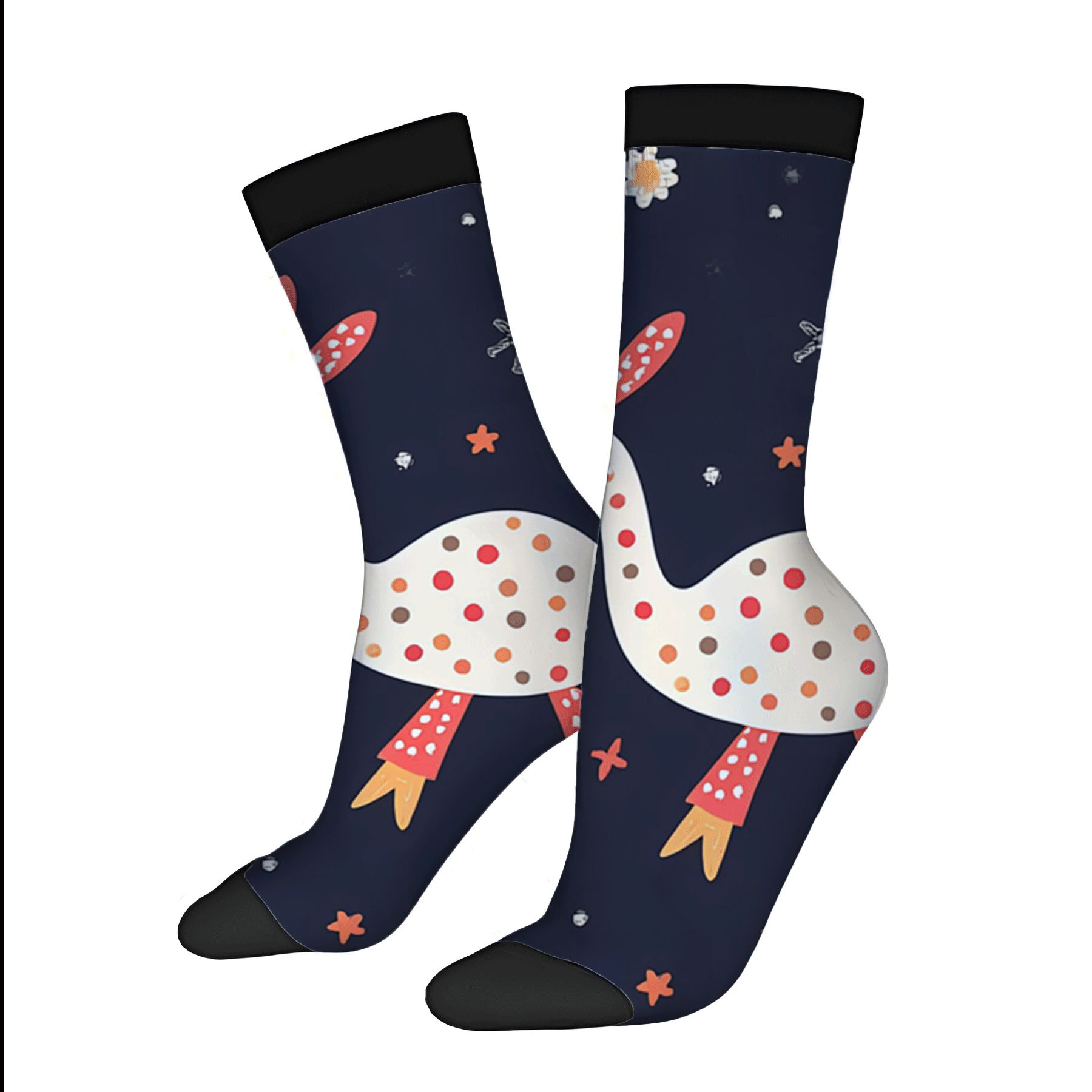 Whimsical Bird & Rocket Design Socks - 2 Pairs of Trendy Unisex Socks ...
