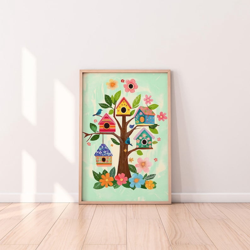 Whimsical Birdhouse Wall Art Print, Colorful Tree with Birdhouses — free download