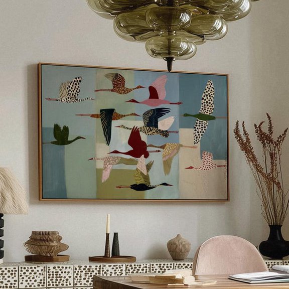 Whimsical Birds Art Print: Colorful Crane Illustration, Modern Folk Decor, Unframed Paper Poster 24x36in