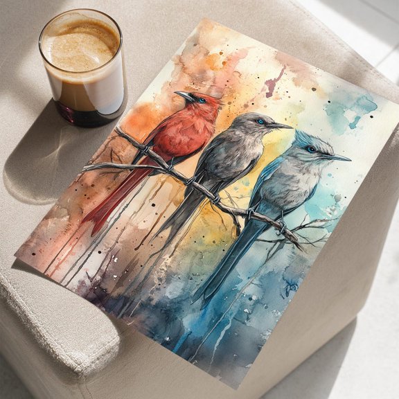 Whimsical Birds on Branches Wall Art, Minimal Nursery Bird Decor, Unframed Paper Print Size 16x24