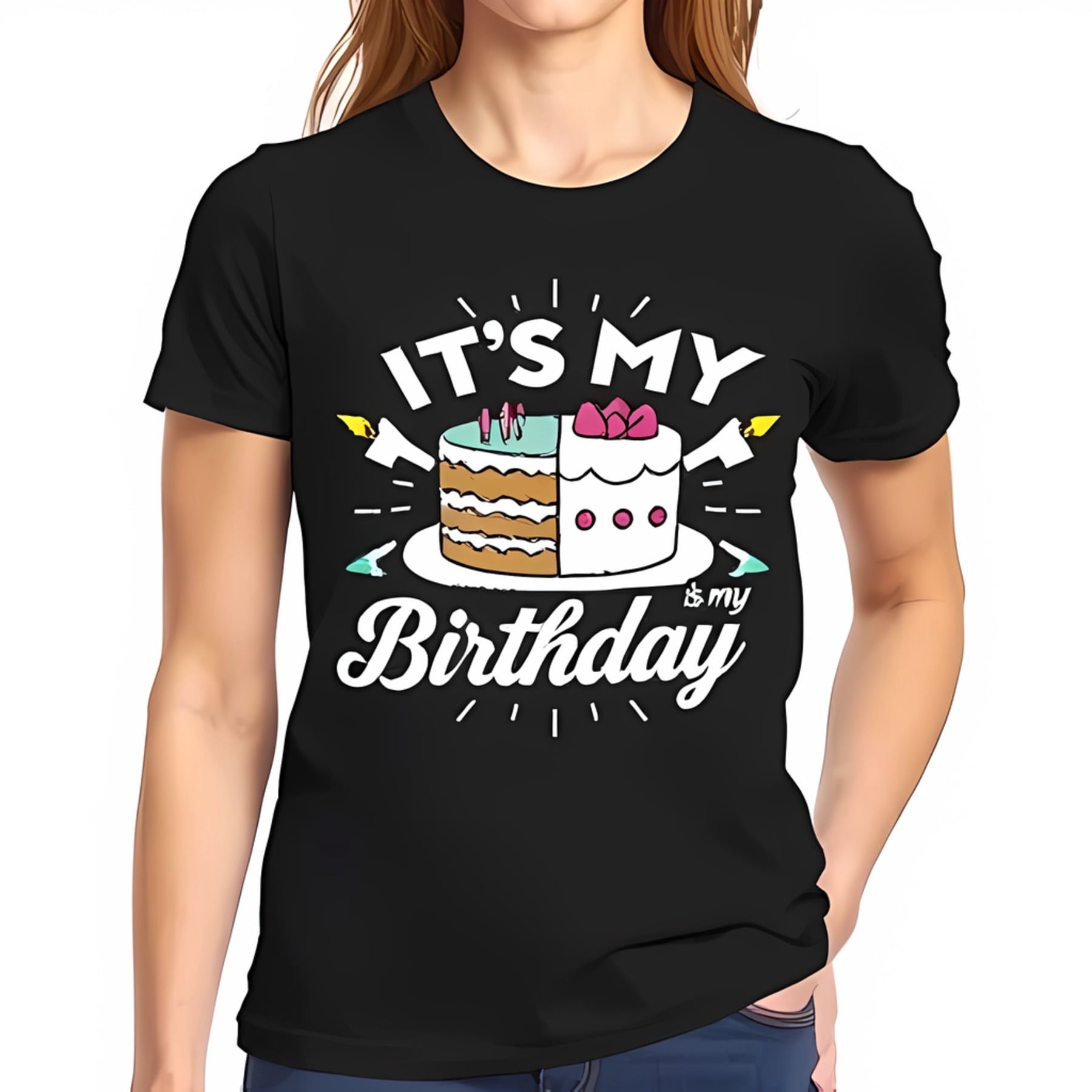 Whimsical Birthday Cake Graphic Cotton Short Sleeve T-Shirt - Fun 'It's ...