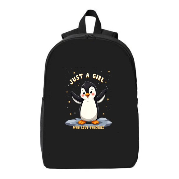 Whimsical Black Backpack with Cheerful Cartoon Penguin Stars & ' Just a ' Design - Fits 15 " Laptop & iPad