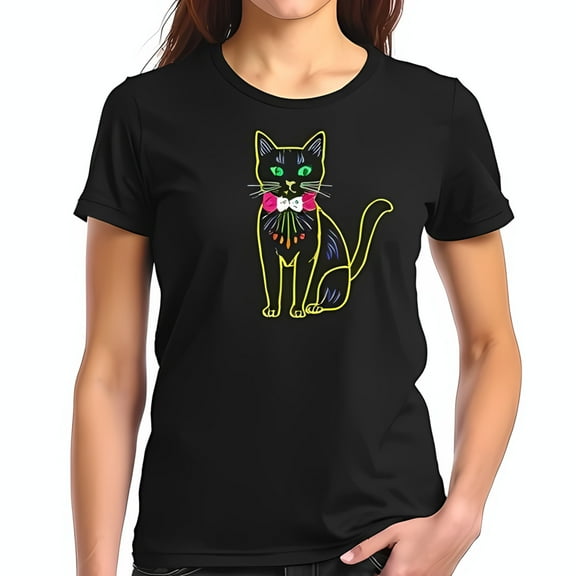 Whimsical Black Cat Graphic T-Shirt with Floral Bow Tie - Short Sleeve Cotton Tee for Artistic Style