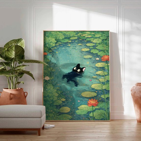 Whimsical Black Cat Print, Cute Cottagecore Anime Art, Ghibli Inspired Cat Poster, Water Lily Illustration, Japanese Art, Poster Only
