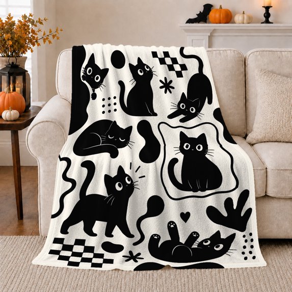 Whimsical Black Cat Pumpkin, Playful Pet Portrait Pattern, Warm Flannel Blanket for Living Room and Bedroom with Detailed Artwork, Cat Lovers autumn celebration Gift, Pet Lover Home Decor