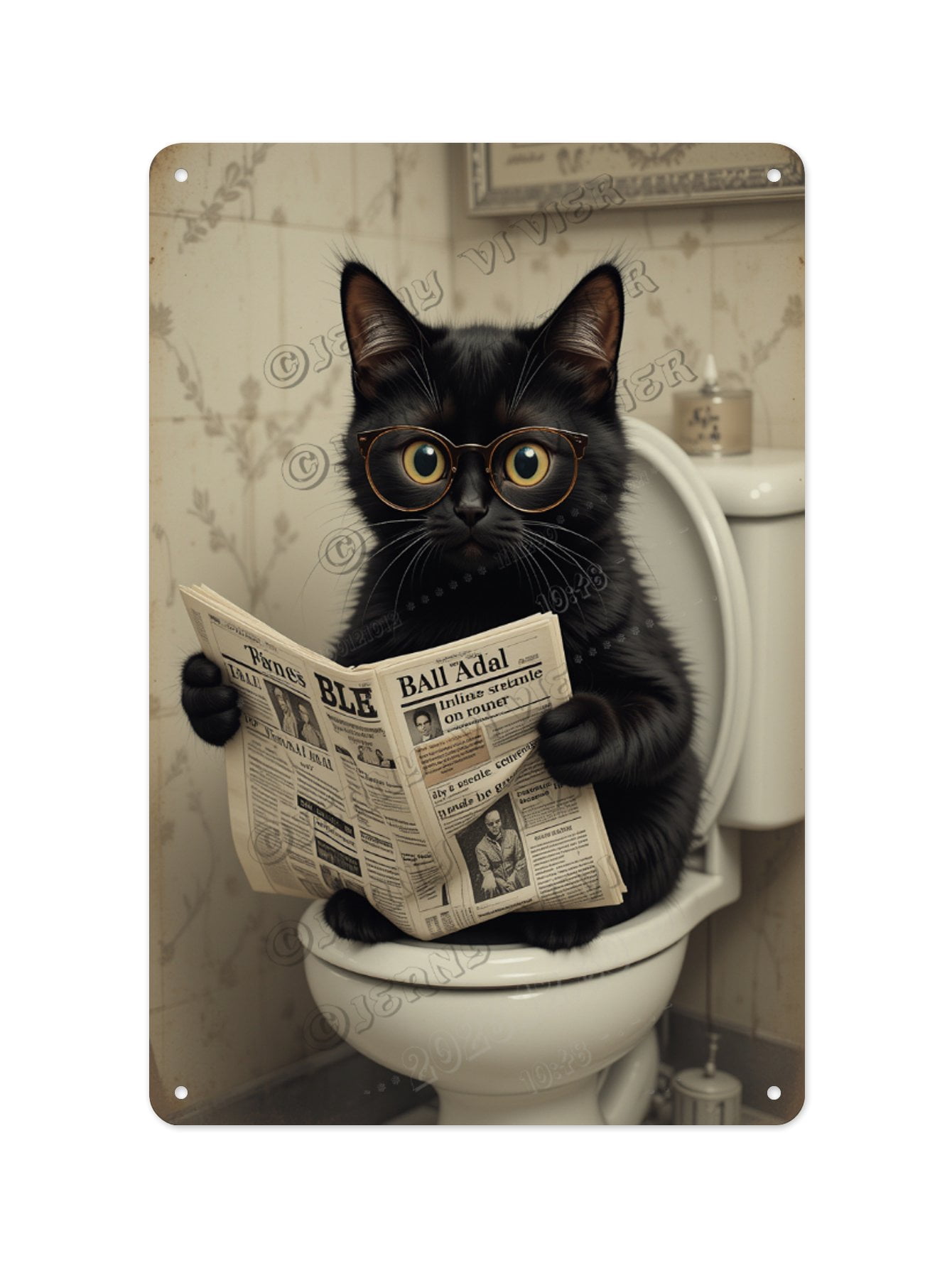 Whimsical Black Cat Reading Newspaper on the Toilet Aluminum Metal Sign ...