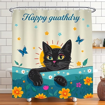 Whimsical Black Cat Shower Curtain with Colorful Flowers & Butterflies - Happy Guathdry Design
