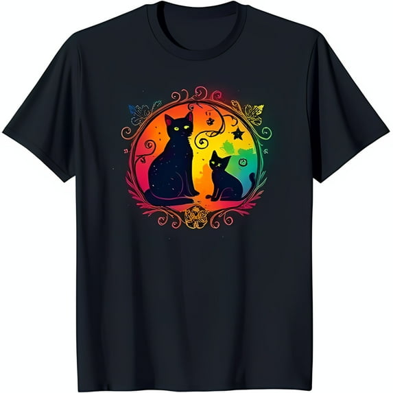 Whimsical Black Cat & T-Shirt Colorful Tale Design with Flowers & Stars