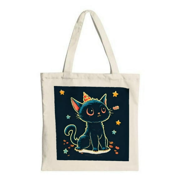Whimsical Black Cat Tote Bag - Dark Blue Canvas Party Hat Design with Colorful Stars & Hearts Perfect for Shopping & Travel