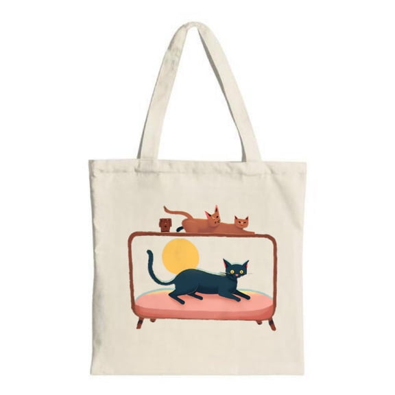 Whimsical Black Cat Tote Bag - Vintage Canvas Playful Design with Cats on Shelf Sun & Moon Perfect for Shopping & Travel