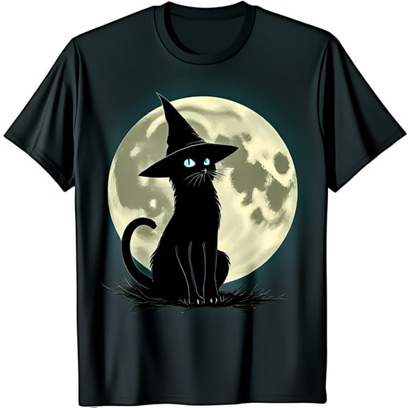 Whimsical Black Cat Witch T-Shirt with Full Moon Design for Halloween