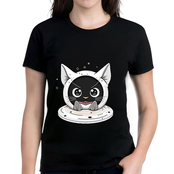 Whimsical Black Cat in Spacesuit Graphic Cotton Short Sleeve T-Shirt for Women - Playful Cosmic Design
