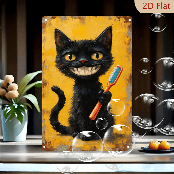Whimsical Black Cat with Human Teeth Holding Toothbrush, 8x12 Inches Metal Wall Art, Mustard Yellow Background Painterly Style Decor for Home Office