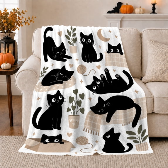Whimsical Black Cats Pumpkin Autumn autumn celebration, Playful Pet Portrait Pattern, Warm Flannel Blanket for Living Room and Bedroom, Cat Lovers autumn celebration Gift, Pet Lover Home Decor