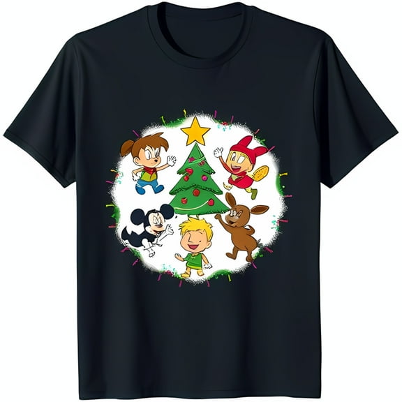 Whimsical Black Christmas T-Shirt with Festive Tree & Cartoon Characters