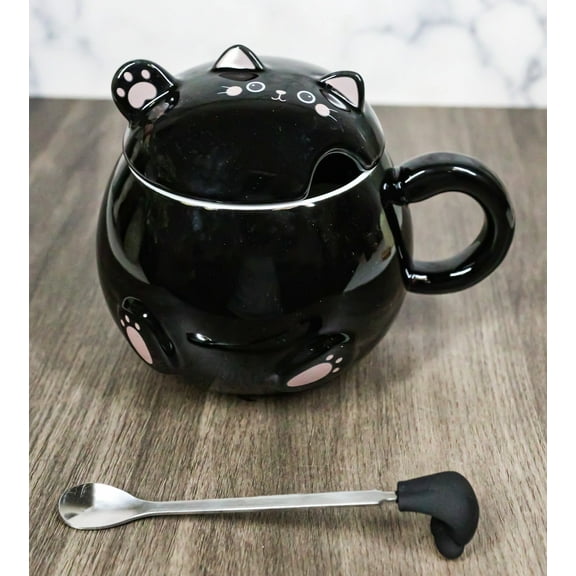 Whimsical Black Chubby Feline Kitty Cat Cup Mug With Lid And Stirring Spoon