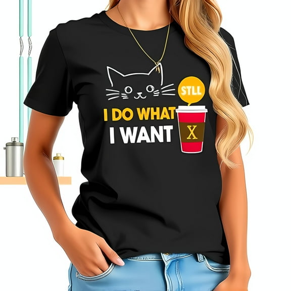 Whimsical Black Cotton Short Sleeve T-Shirt with Cartoon Cat & Coffee Cup Design - " I Do What I Want " Statement