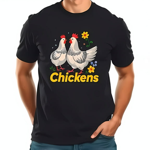 Whimsical Black Cotton Short Sleeve T-Shirt with Cartoon Chickens and Colorful Flowers Design
