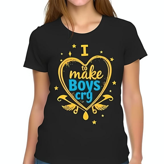 Whimsical Black Cotton Short Sleeve T-Shirt with Heart Graphic & Gold Teal " I Love to make Boys cry " Design