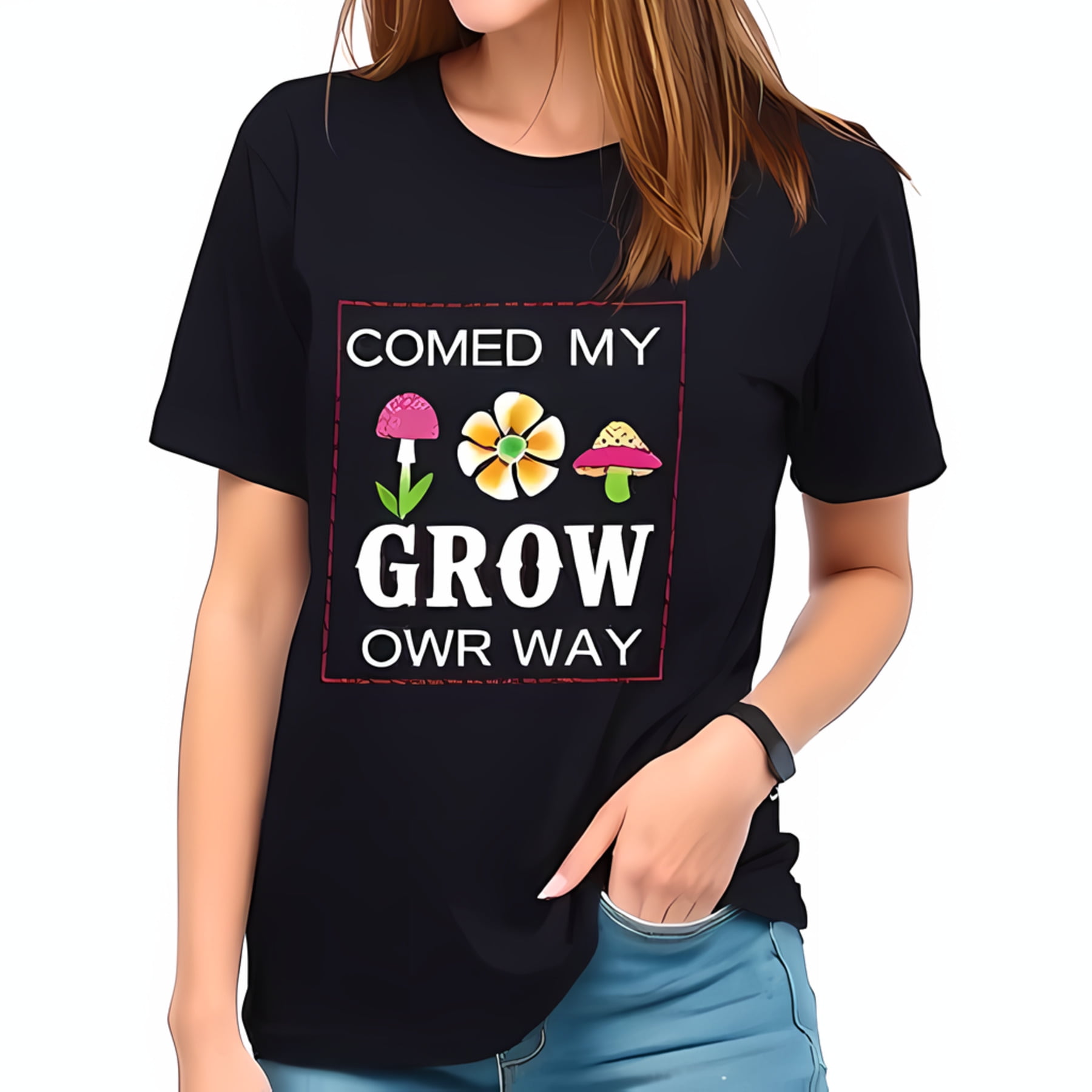 Whimsical Black Cotton Short Sleeve T-Shirt with Mushroom & Flower ...