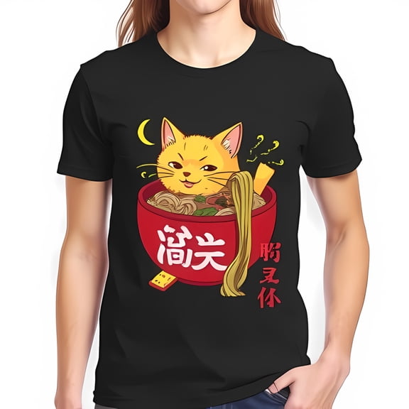 Whimsical Black Cotton Short Sleeve T-Shirt with Playful Orange Cat in Ramen Design Vibrant Red