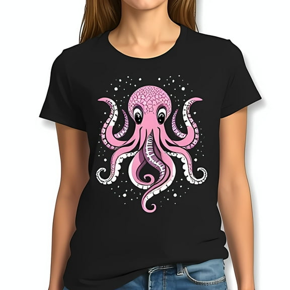 Whimsical Black Cotton T-Shirt with Pink Cartoon Octopus Design & Starry Dot Accents - Fun Short Sleeve Tee