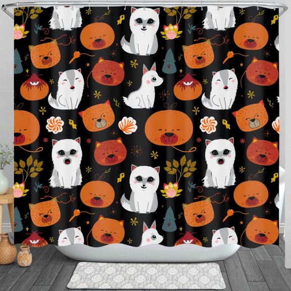 Whimsical Black Shower Curtain with Cartoon & Fall Decor
