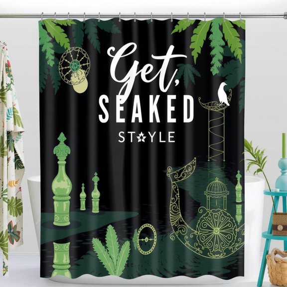 Whimsical Black Shower Curtain with Ornate Boat Design & "Get Seaked Style" Text - Green Foliage Accents