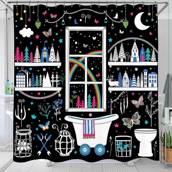 Whimsical Black Shower Curtain with Starry Night, Double Rainbow & Colorful Fairytale Design
