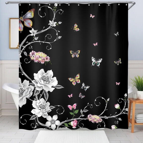 Whimsical Black Shower Curtain with White Flowers Colorful Butterflies & Elegant Vines - Floral Bathroom Decor
