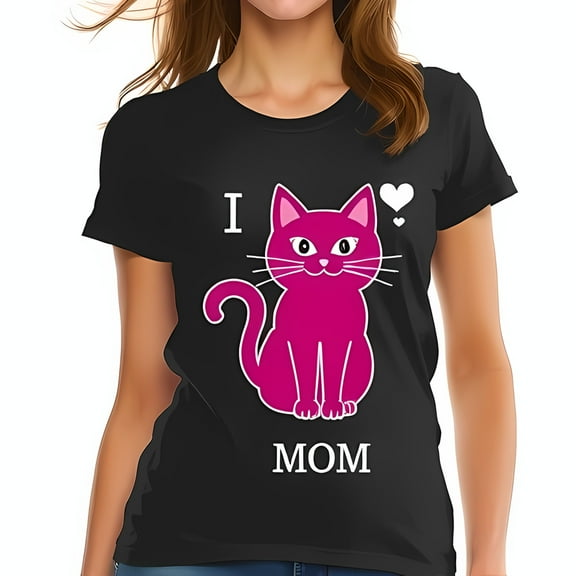 Whimsical Black T-Shirt for Cat Lovers - 'I MOM' Design with Pink Cartoon Cat & Hearts