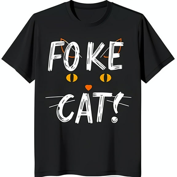 Whimsical Black T-Shirt with Bold 'Cat ' Graphic and Playful Foke Design