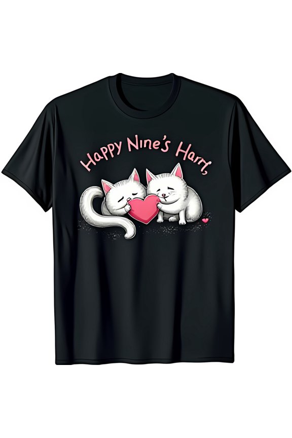 Whimsical Black T-Shirt with Cartoon Cats Cuddling & Heart Happy Nine s Design for Cat Lovers