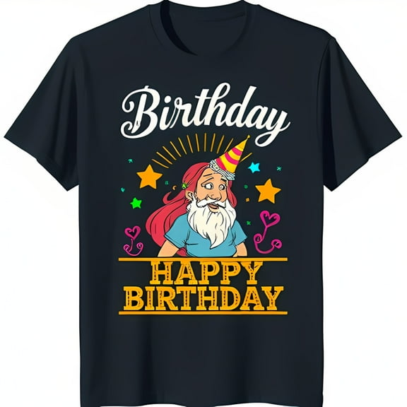 Whimsical Black T-Shirt with Cartoon Colorful Stars & Happy Birthday Design