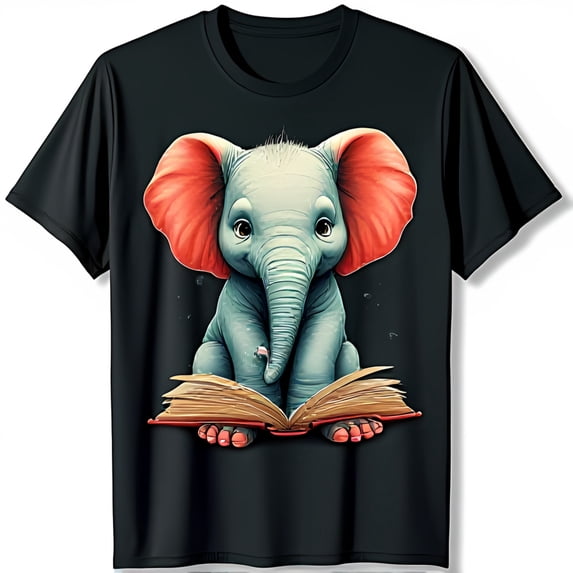 Whimsical Black T-Shirt with Cartoon Elephant on Book Fun & Playful Design