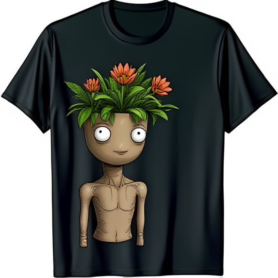 Whimsical Black T-Shirt with Cartoon Flower Pot Head Graphic Fun & Unique Design