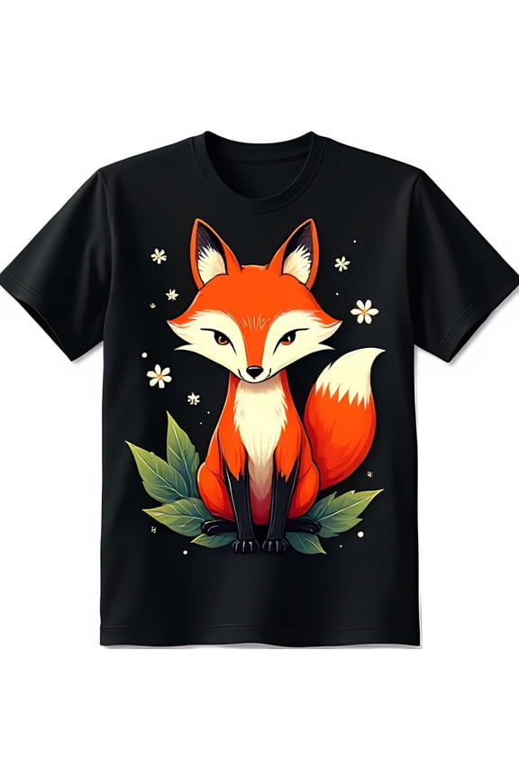 Whimsical Black T-Shirt with Cartoon Fox Graphic Among Green Leaves & Flowers