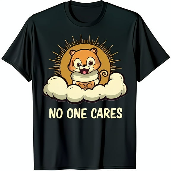 Whimsical Black T-Shirt with Cartoon Fox & NO ONE CARES Graphic
