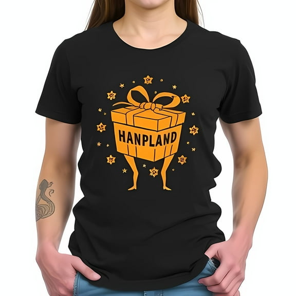 Whimsical Black T-Shirt with Cartoon Orange Gift Box Design - Relaxed Fit Fun & Playful Style