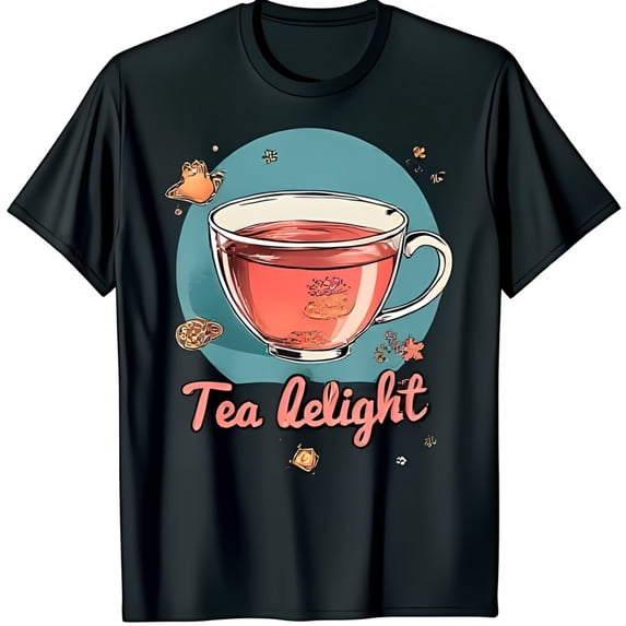 Whimsical Black T-Shirt with Cartoon Tea Cup Graphic & 'Tea Delight' Design