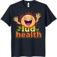 thumbnail image 1 of Whimsical Black T-Shirt with Cheerful Cartoon Graphic & 'Lud ' Text, 1 of 5